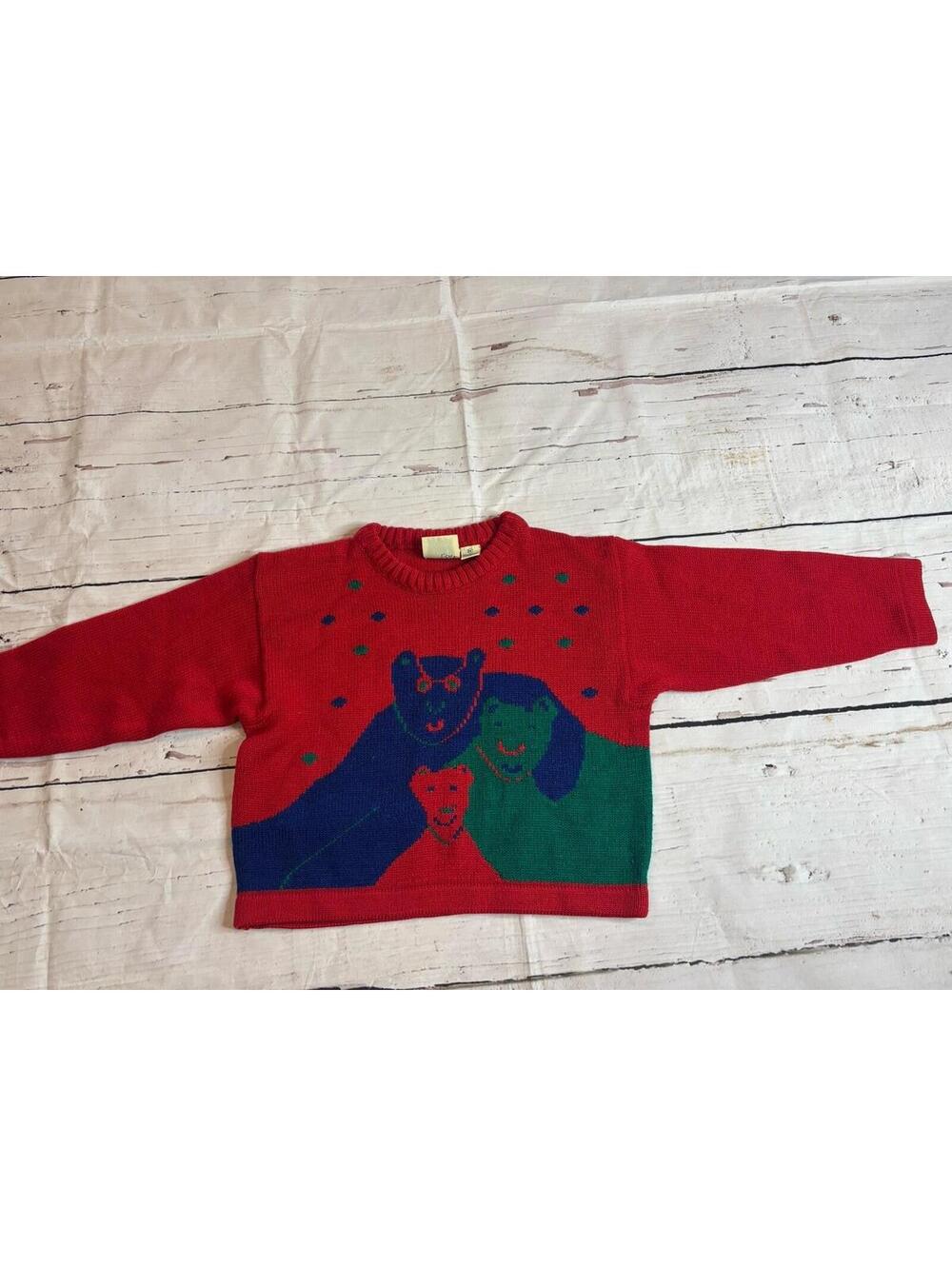 VTG Kids Knit Sweater Bears Red Green Acrylic Medium (A5)